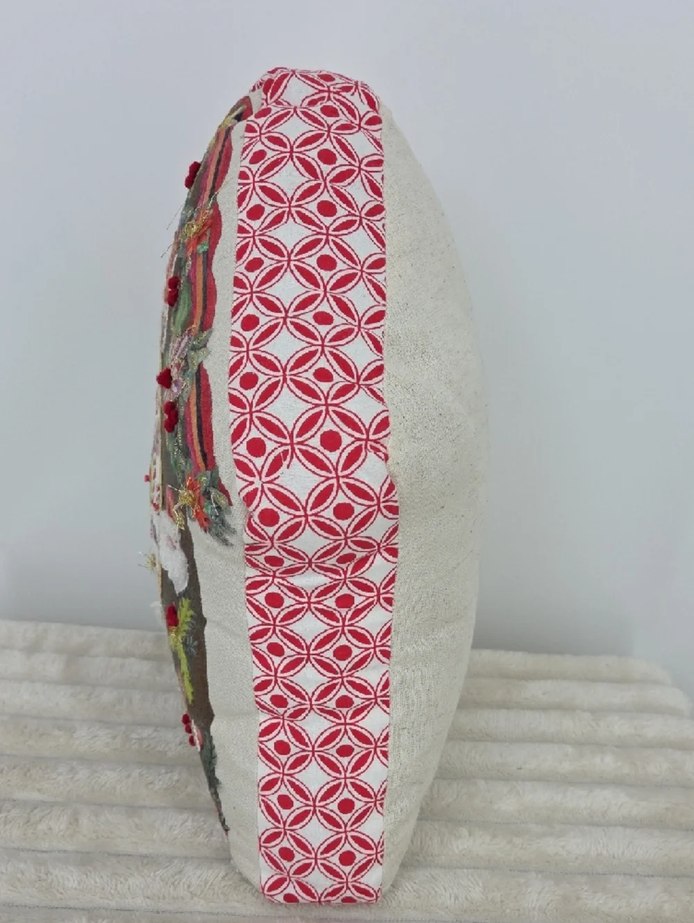 Embroidered Holiday House Pillow with Robin & Festive Motifs - Brown/Green